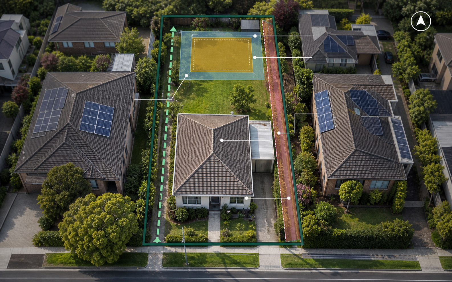 Annotated aerial Free Land Check example for a Melbourne backyard